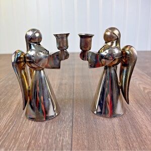 Set of 2 Vintage Angel Candle Holder Silver Plated On Brass Taper Hong Kong